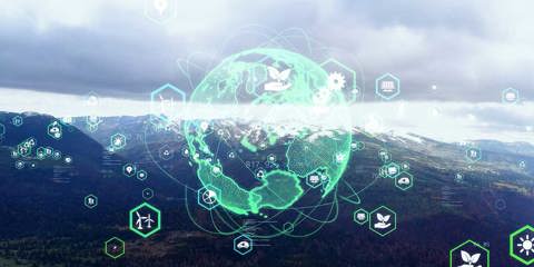 Abstract image of globe and floating icons.