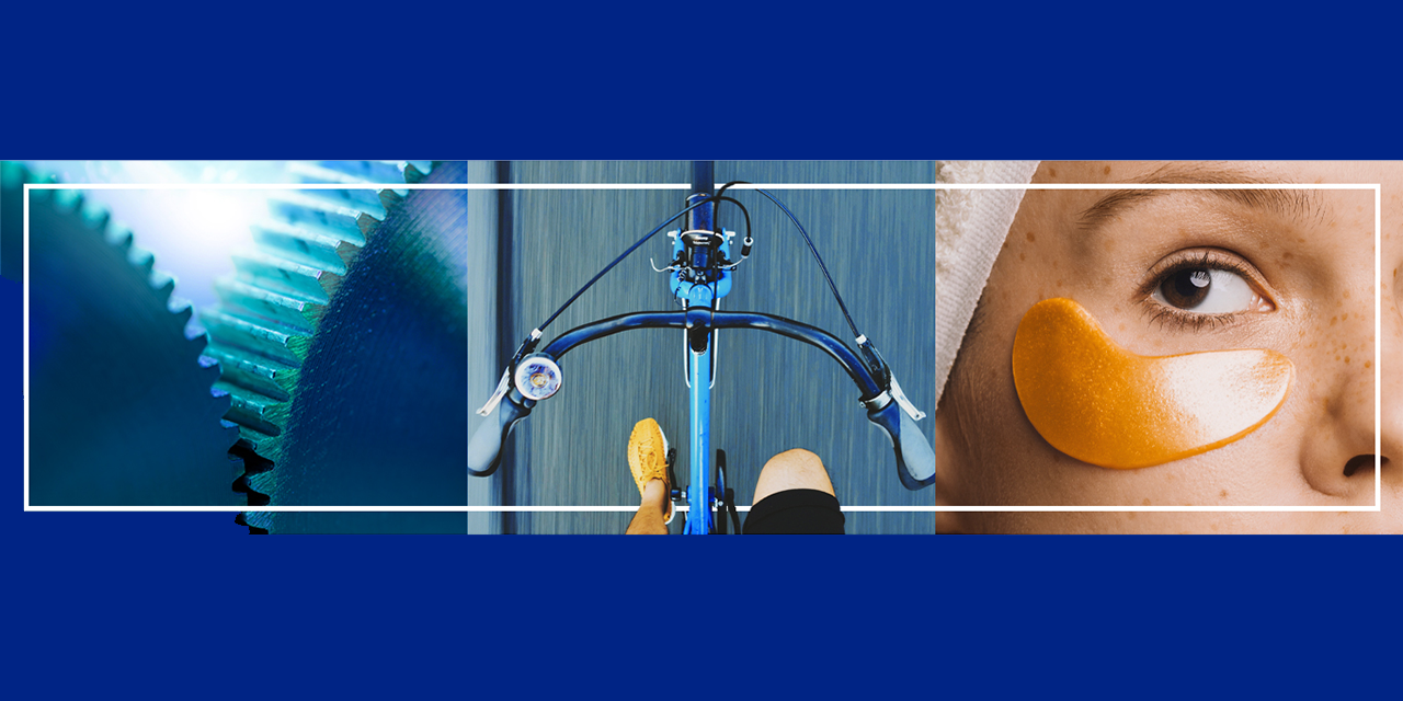 Abstract image of a gear, a bicycle and a woman wearing an eye mask with a blue background.