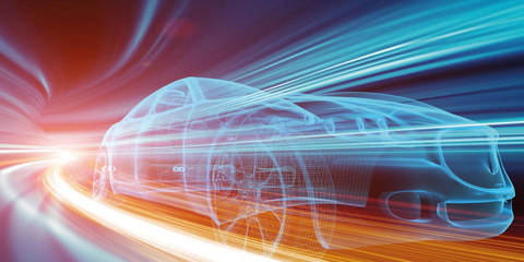 Abstract, digital image of car driving on path of light