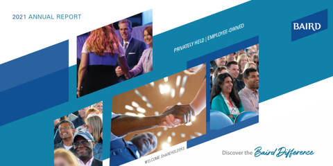 Cover of Baird's 2021 annual report featuring images of associates shaking hands with the executive committee at the new shareholders meeting