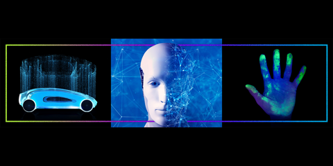 Modern car, robot skull and hand print